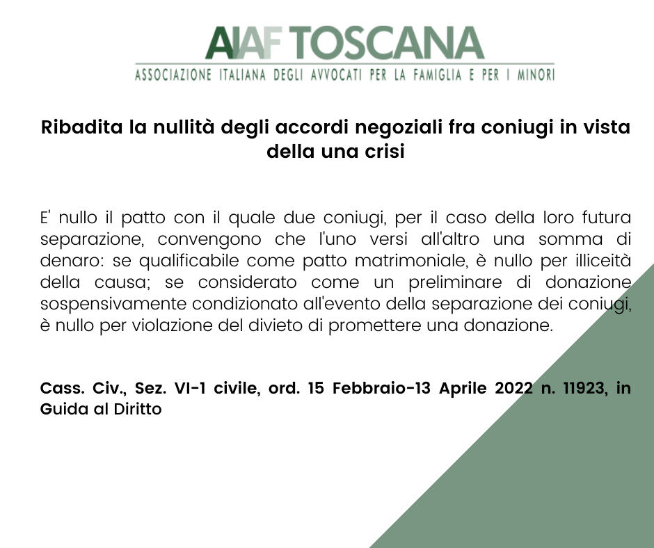 Ribadita la nullità degli accordi negoziali fra coniugi in vista della una crisi